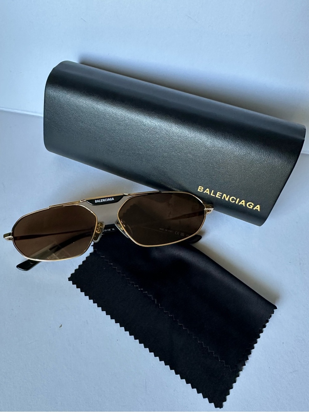 BALENCIAGA Slim Aviator Sunglasses BB0245S 003 Metal Frame Shades w/ Case & Clot